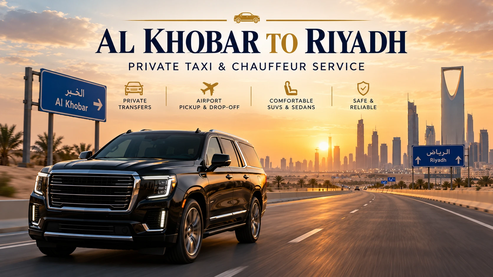 Premium black SUV representing a private Al Khobar to Riyadh taxi and chauffeur service in Saudi Arabia