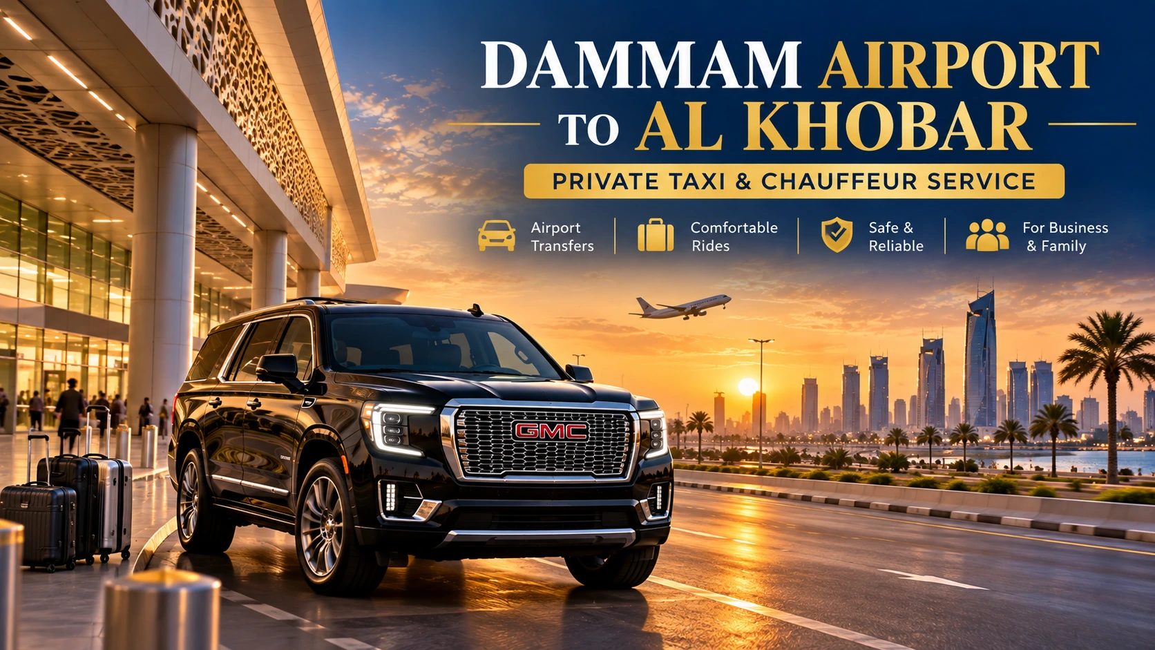 Premium black SUV representing a private Dammam Airport to Al Khobar taxi and chauffeur transfer