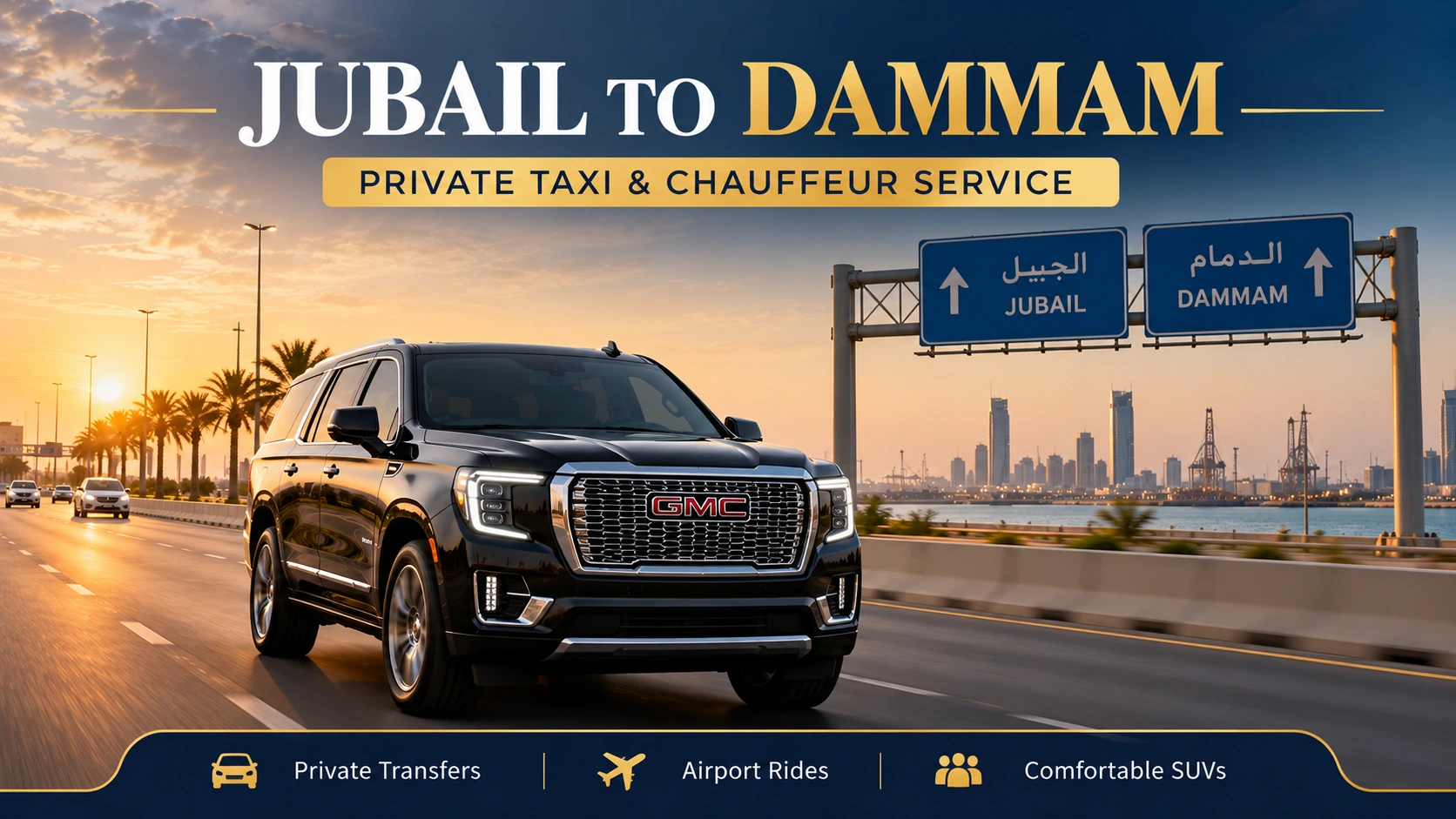 Premium black SUV representing a private Jubail to Dammam taxi and chauffeur service in Saudi Arabia